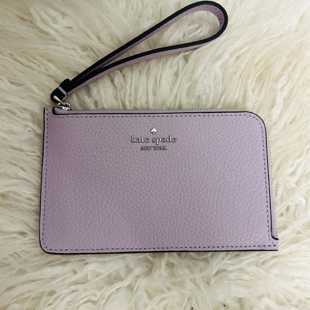 Kate Spade L Zip Pebble Leather Light Frost Purple Wristlet NWT